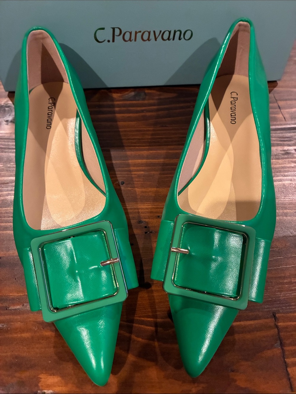 C. Paravano Emerald Green Pointed-Toe Flats with Statement Buckle